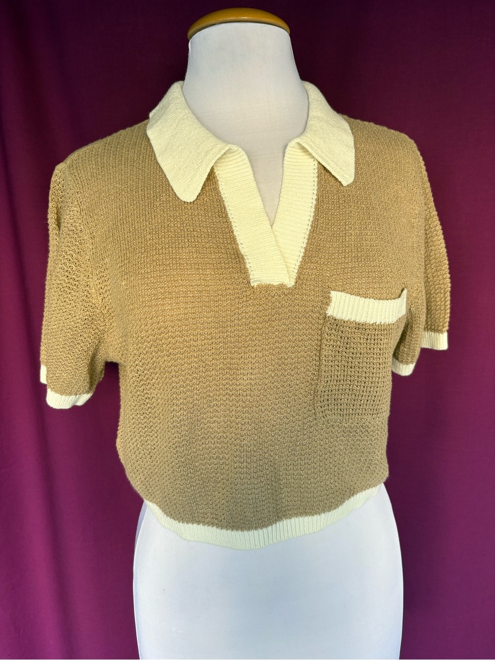 Onia Beige and Cream Knit Cropped Polo Top